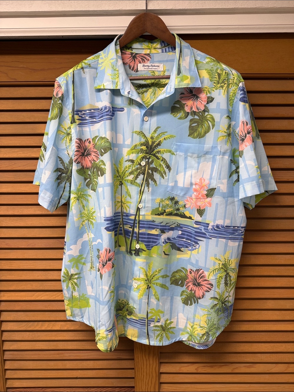 Rare Tommy Bahama Light Blue Tropical Palm & Hibiscus Camp Shirt